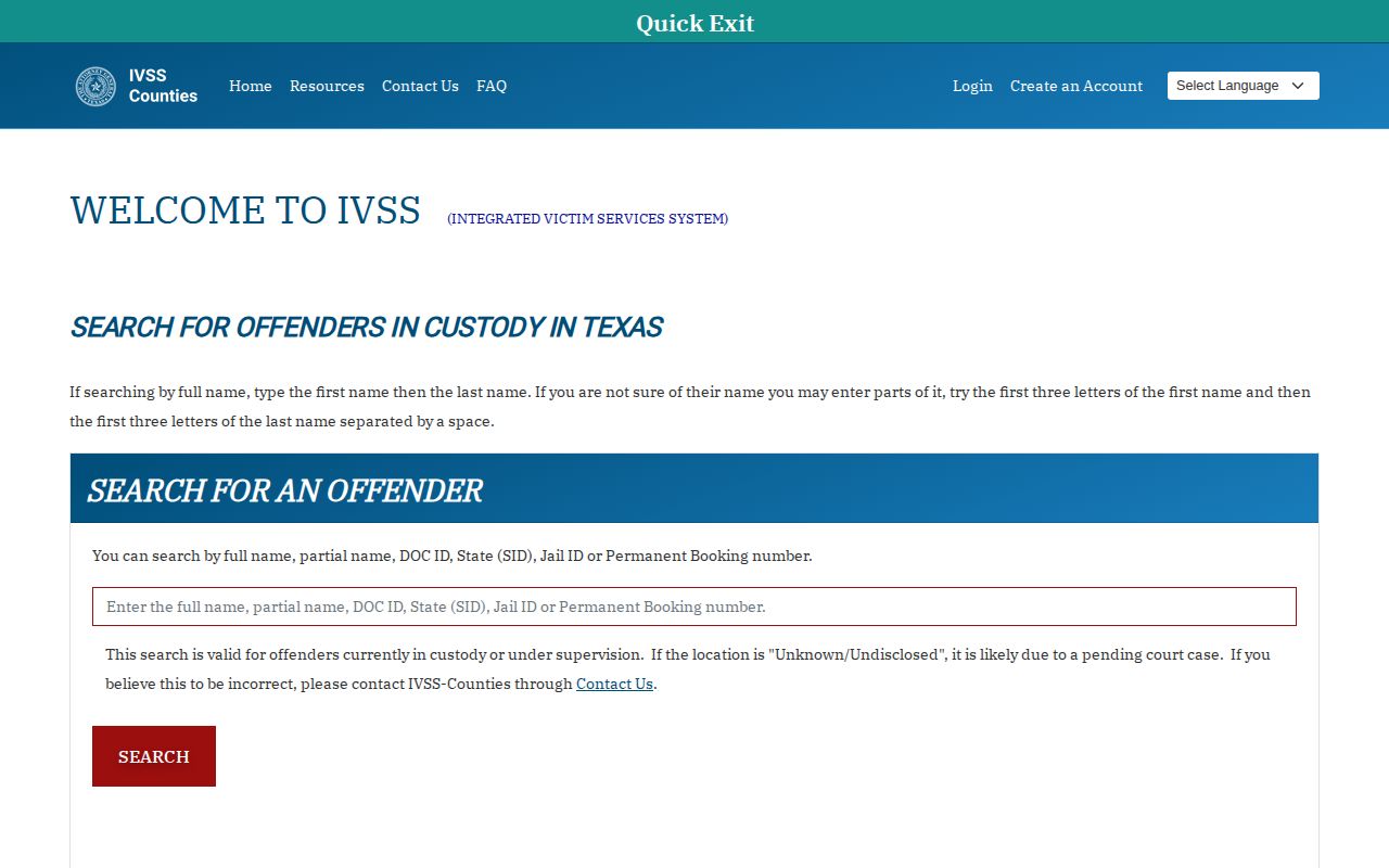 Texas IVSS-Counties search and notification portal