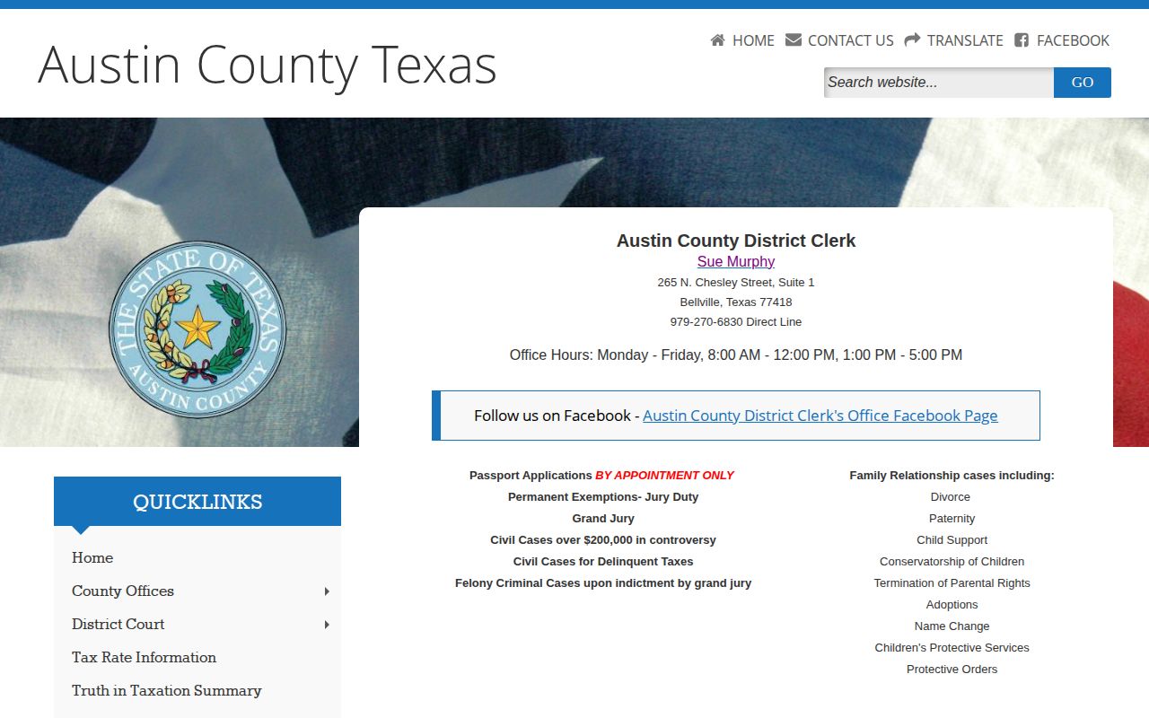 Austin County District Clerk felony record access page