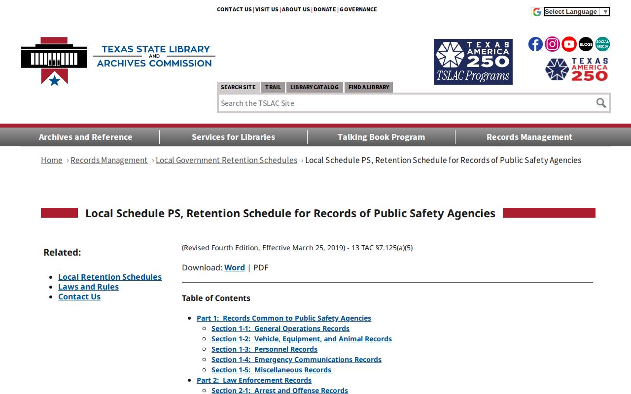 Texas public safety record retention schedule for booking and release records