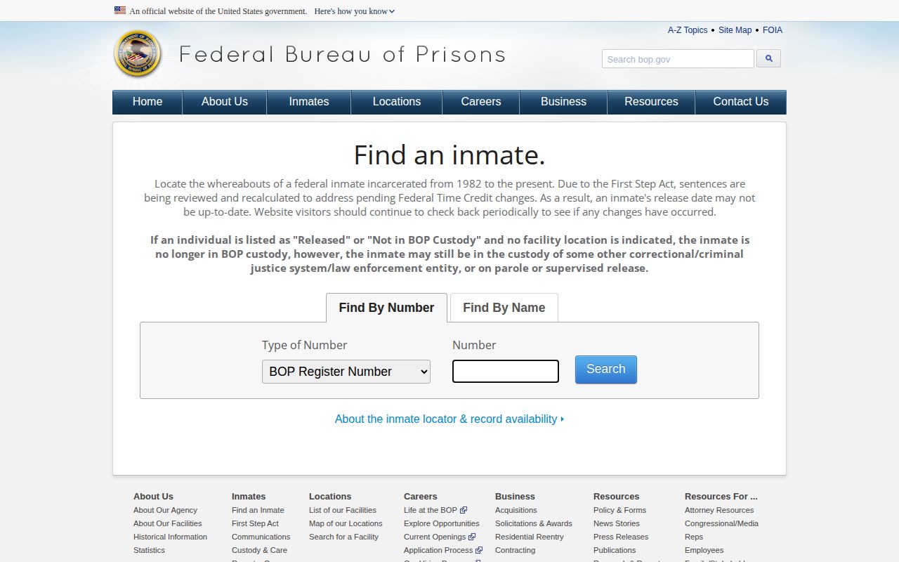Federal Bureau of Prisons Inmate Locator search and released-result workflow