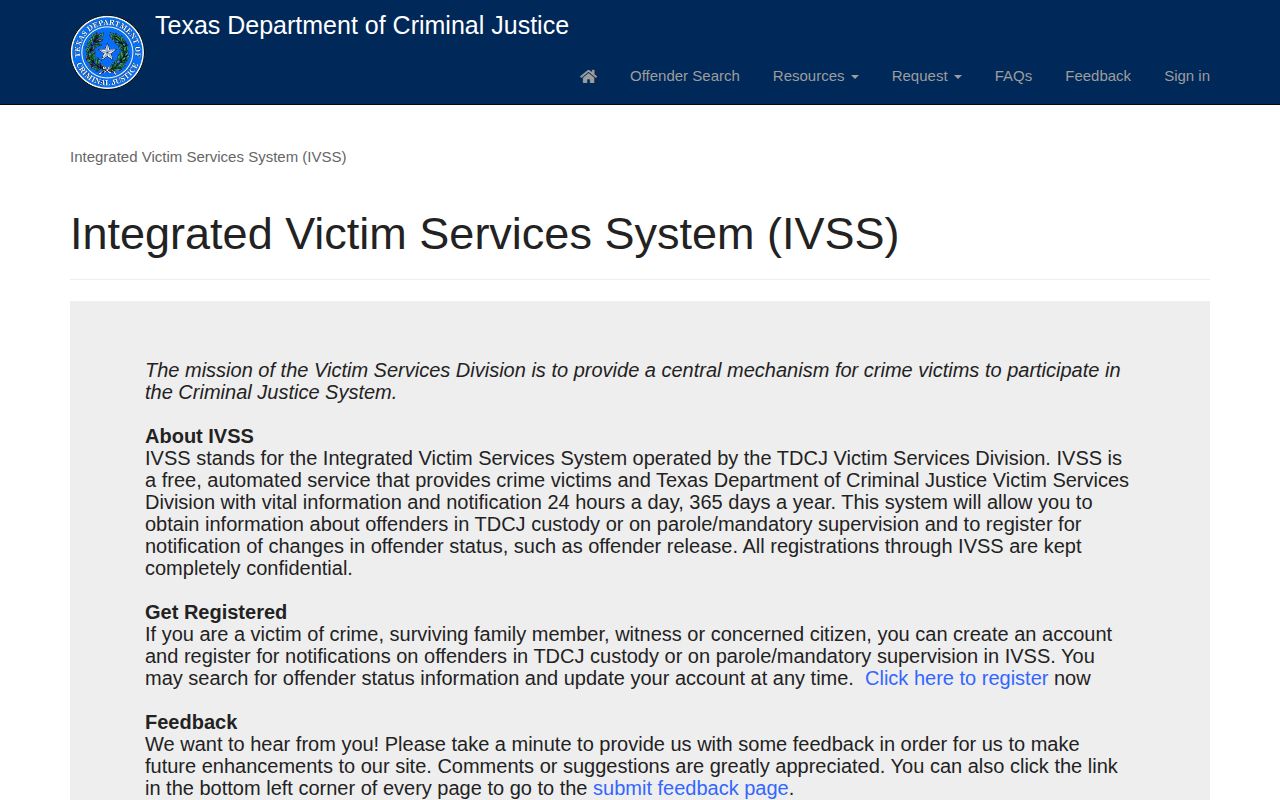 Texas TDCJ IVSS portal for prison custody and parole notifications