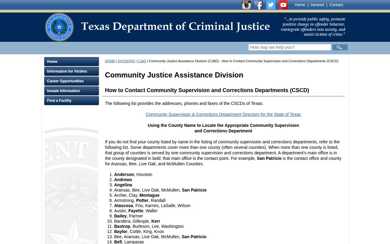 TDCJ community supervision directory used to locate the Austin Fayette Waller CSCD