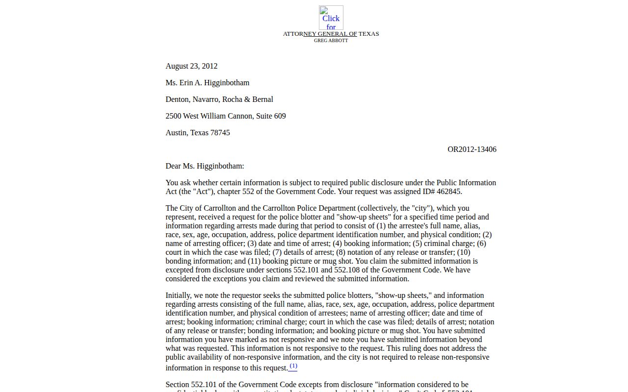 Texas Attorney General ruling discussing booking photos and basic release information