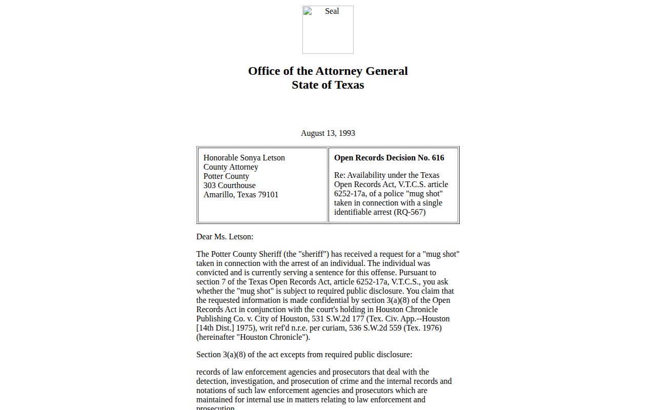 Texas Attorney General Open Records Decision 616 concerning a booking photograph