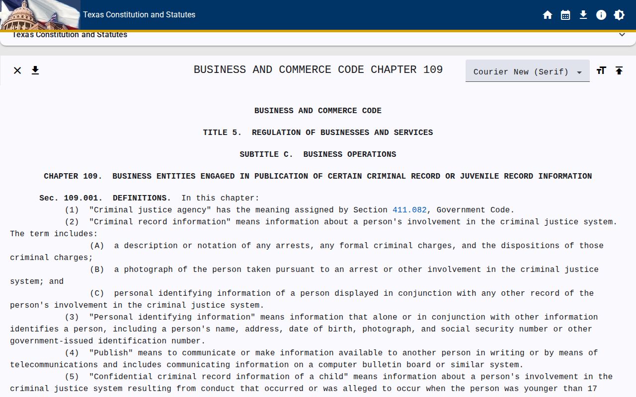 Texas Business and Commerce Code chapter 109 criminal record publication law