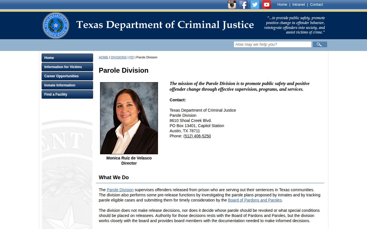 Texas Department of Criminal Justice Parole Division information